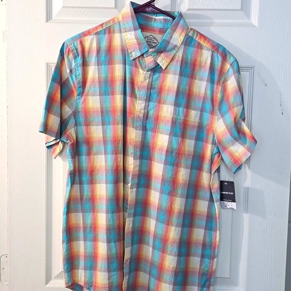 ST Johns Bay Plaid button down men short sleeve‎ shirt size medium cotton NWT